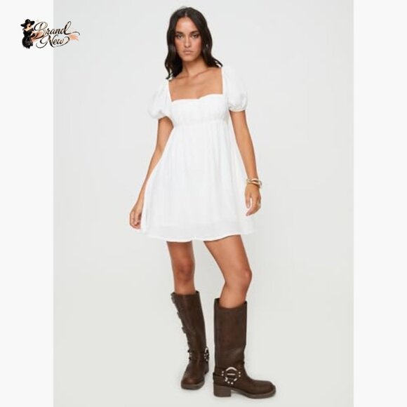 White Mini Dress with Puff Sleeves, Square Neck, Cotton Summer Party - Picture 2 of 7